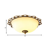Rural Brass Flush Mount Ceiling Lamp With Frosted White Glass - 3/5 Bulbs Half-Globe Design