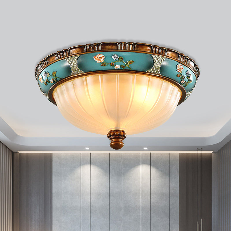 Green Retro Ribbed Glass Flush Mount Ceiling Light With Hemispherical Embossed Flower Design - 15/19