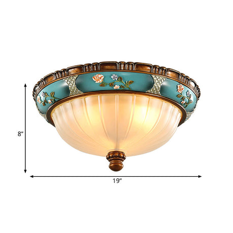 Green Retro Ribbed Glass Flush Mount Ceiling Light With Hemispherical Embossed Flower Design - 15/19