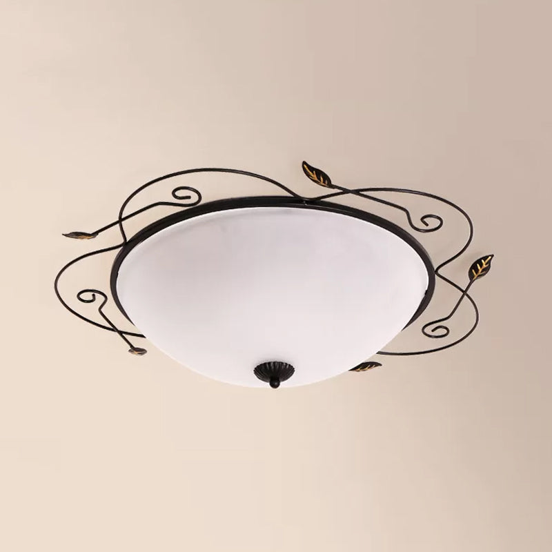 Ivory Glass Flushmount Ceiling Light With Twined Vines - 3-Head Dome Design Rural Style Black 18/25