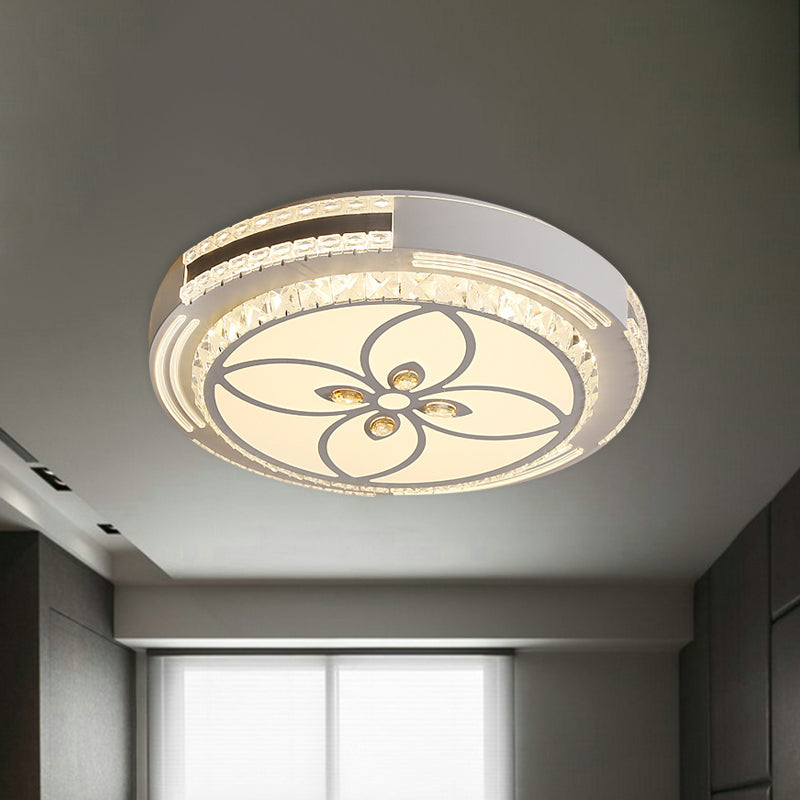Modern Led Crystal Block Circle Ceiling Light With Four-Leaf Clover/Flower Pattern In Chrome