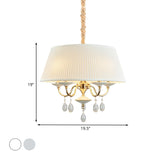 Minimalist Drum Chandelier With Crystal Droplet - 4 Heads Pendant Lamp In White/Grey