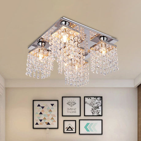 Modern Crystal Chain Ceiling Mount Light Fixture - 4-Light Flush For Living Room Clear