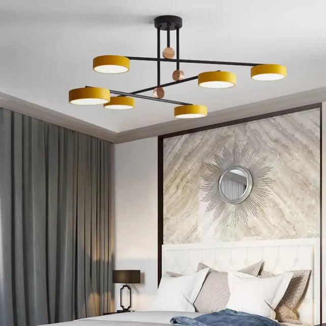 Acrylic 6-Light Macaron Chandelier With Round Shade - Perfect For Cafe Hanging Light Yellow