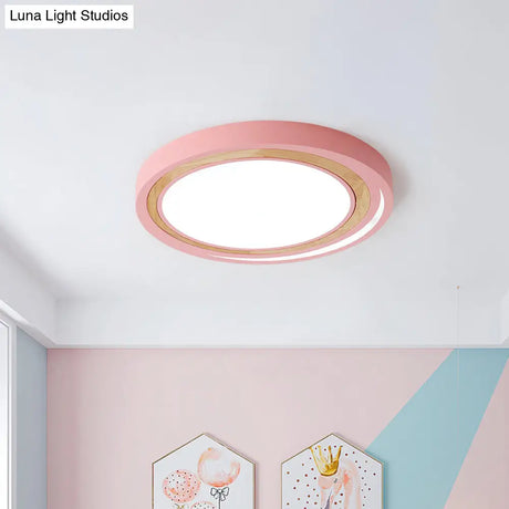 Acrylic Led Drum Ceiling Light For Kids’ Bedroom With Wood Ring - White/Pink/Green Flush Mount