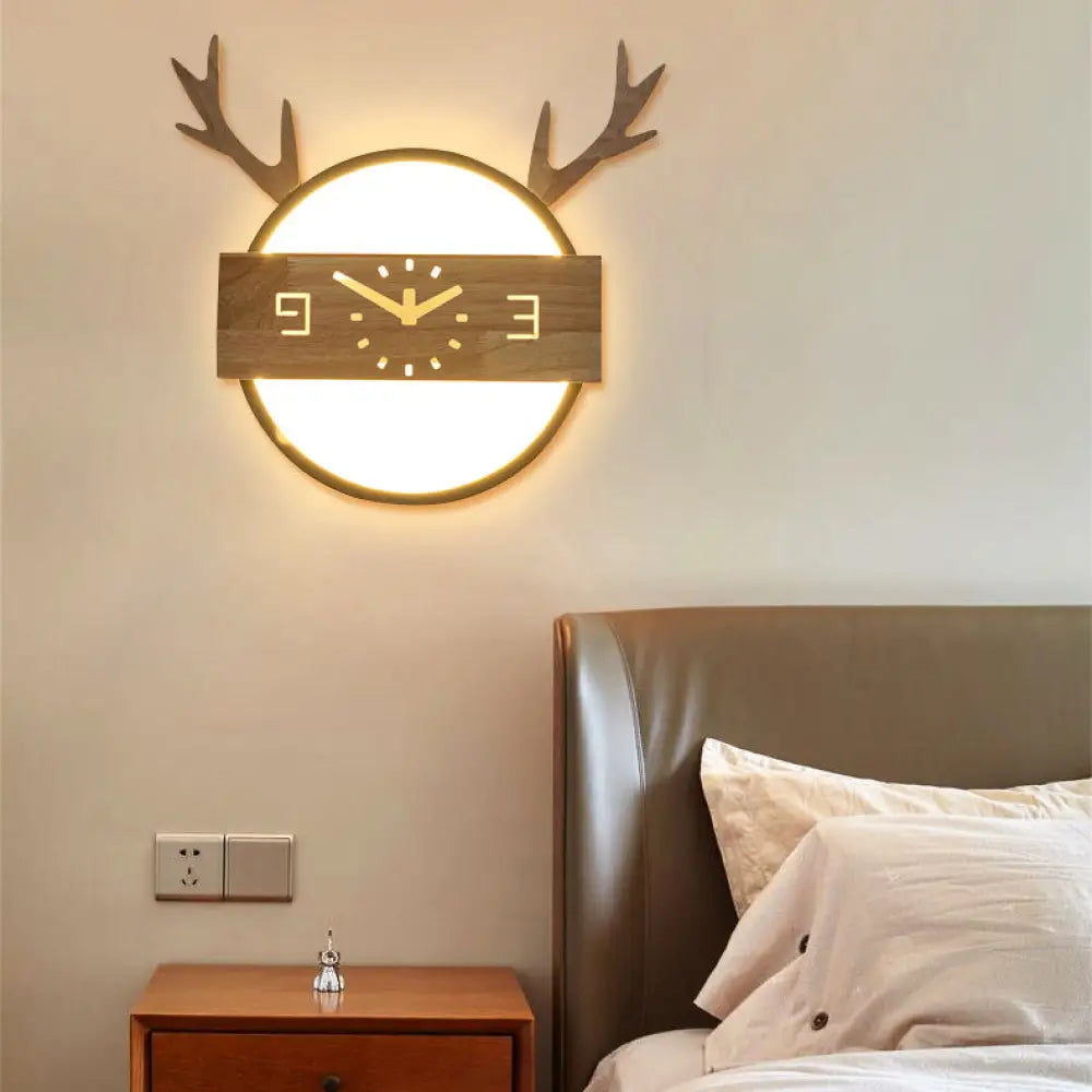 Acrylic Led Wall Sconce With Creative Deer Horn Foyer Design And Fake Clock Décor