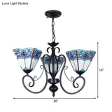Adjustable 3-Light Blue Stained Glass Pendant Light With Metal Chain - Pyramid Hanging Lighting