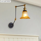 Adjustable Arm Amber Glass Black Wall Sconce With Bell Shade - 1-Light Industrial Light Fixture