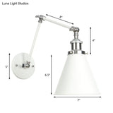Adjustable Arm Industrial Metal Wall Lamp Lighting With 1 Light Fixture - White Cone/Saucer/Wavy