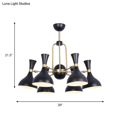 Adjustable Black And Gold Metal Chandelier Pendant Light - 6 Lights Funnel Shape Ideal For