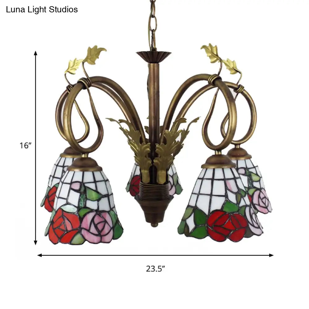 Adjustable Chain Rustic Chandelier - Rose Hanging Light 5 Lights Stained Glass Red