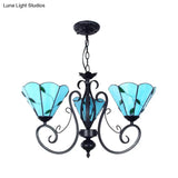 Adjustable Chain Vintage Glass Pendant Light - Leaf Ceiling Chandelier With 3 Lights In Blue/Clear
