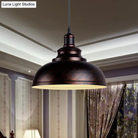 Adjustable Cord Pendant With Metal Dome Shade In Retro Black/Gray - 12’/14’/16’ W