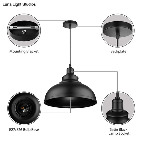 Adjustable Cord Pendant With Metal Dome Shade In Retro Black/Gray - 12’/14’/16’ W