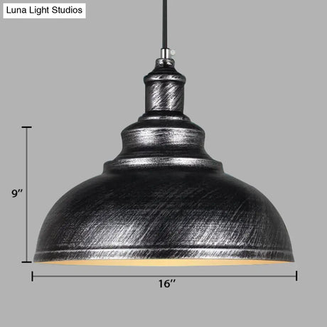Adjustable Cord Pendant With Metal Dome Shade In Retro Black/Gray - 12’/14’/16’ W