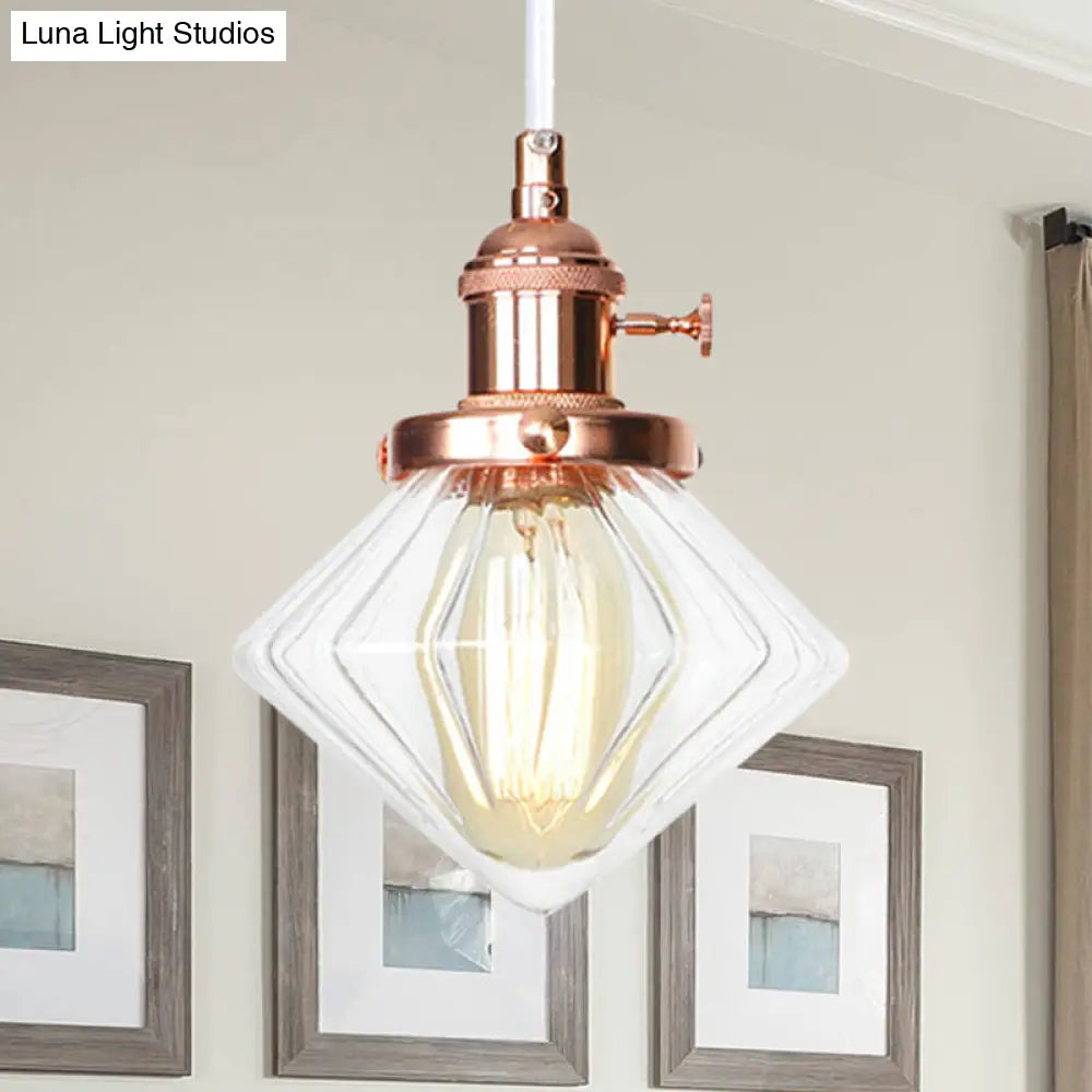 Adjustable Height Industrial Pendant Light With Diamond Glass Shade - Black/Bronze/Brass Finish