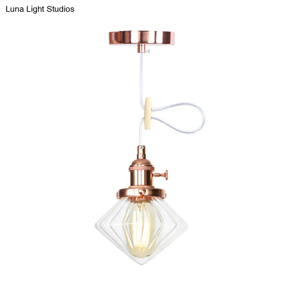 Adjustable Height Industrial Pendant Light With Diamond Glass Shade - Black/Bronze/Brass Finish