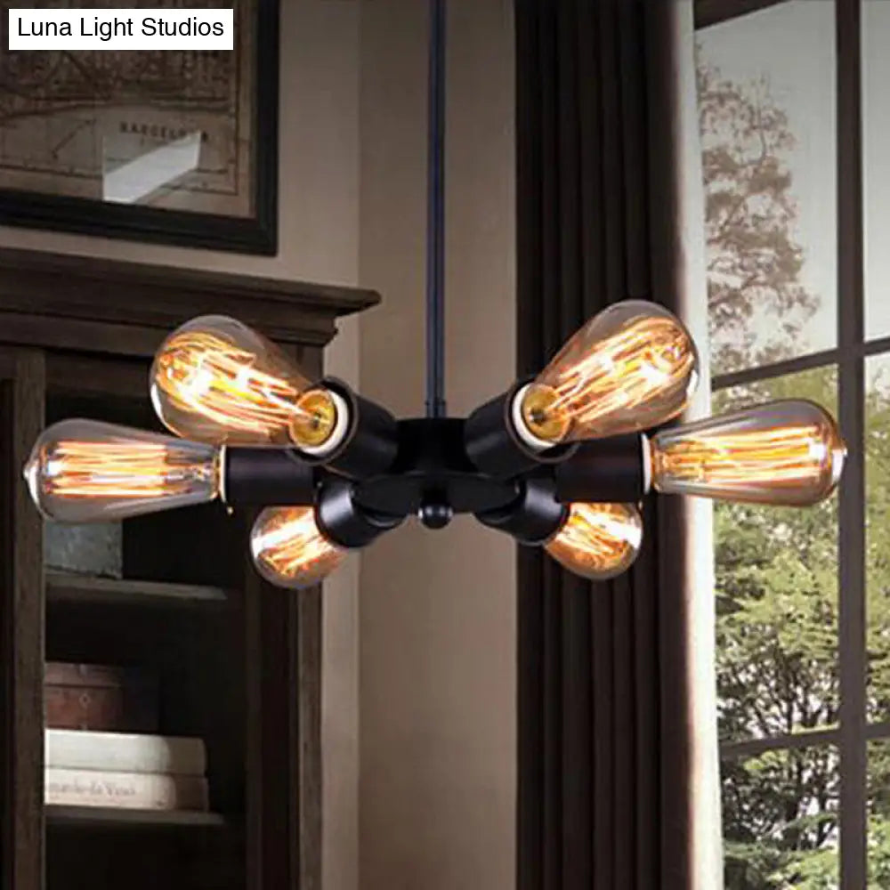 Adjustable Metallic Pendant Light With 6 Bulbs - Ideal For Study Room Industrial Exposed Chandelier