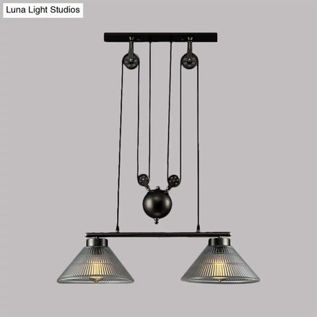 Adjustable Pulley Industrial Cone Pendant With Prismatic Glass - Black 2/3-Light Island Lamp