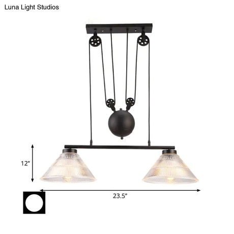 Adjustable Pulley Industrial Cone Pendant With Prismatic Glass - Black 2/3-Light Island Lamp