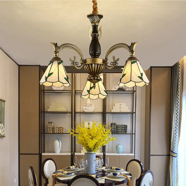 Adjustable Rustic Chandelier With Cone-Shaped Beige Glass Shades - 3-Light Pendant Lamp For Dining