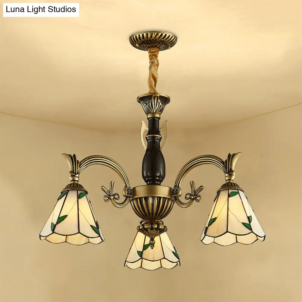Adjustable Rustic Chandelier With Cone-Shaped Beige Glass Shades - 3-Light Pendant Lamp For Dining
