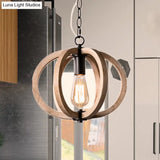Adjustable Rustic Wood Pendant Lamp For Bedroom With Single Globe Light