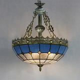 Adjustable Stained Glass Ceiling Pendant - Mediterranean Bowl Drop Light With Metal Chain
