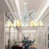Adjustable Stained Glass Cone Pendant Chandelier With Metal Chain - 6/8 Lights In White Traditional