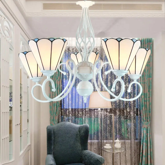 Adjustable White Glass Cone Chandelier With 5 Lights - Traditional Pendant Light For Bedroom