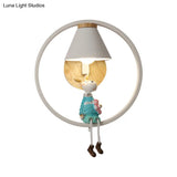 Adorable Deer/Angel Girl Wall Light: Cartoon Metal 1-Light Pink/Blue Lighting With Fabric Shade