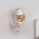 Adorable Deer/Angel Girl Wall Light: Cartoon Metal 1-Light Pink/Blue Lighting With Fabric Shade