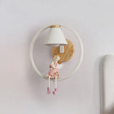 Adorable Deer/Angel Girl Wall Light: Cartoon Metal 1-Light Pink/Blue Lighting With Fabric Shade