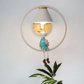Adorable Deer/Angel Girl Wall Light: Cartoon Metal 1-Light Pink/Blue Lighting With Fabric Shade