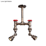 Aged Bronze Piped Semi Flush Mount Ceiling Light With Antique Style Metal And Red Valve - 2 Lights
