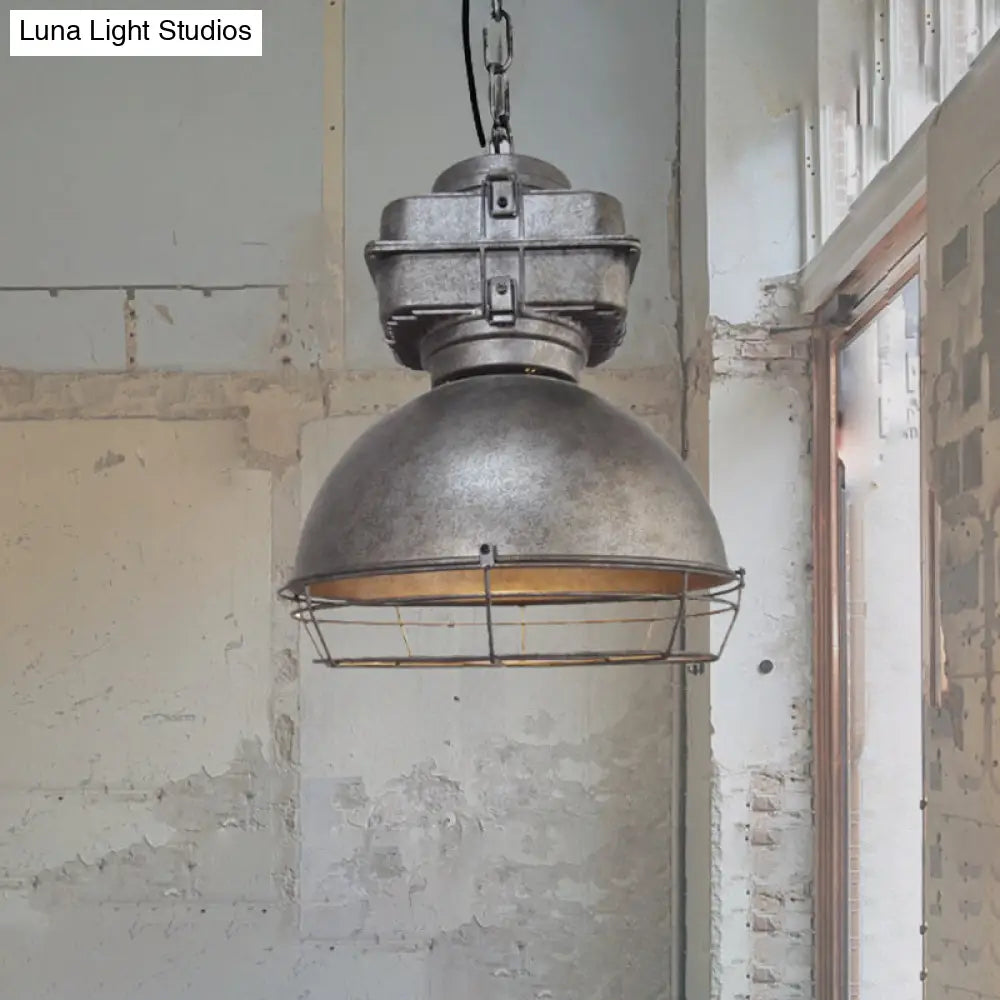 Aged Silver Bowl Pendant Light - Industrial Style Iron Ceiling Lamp With Wire Guard For Restaurants