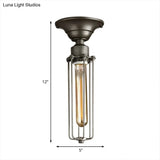 Aged Silver Tubed Cage Semi Flush Light - Retro Vintage 1 Head Balcony Ceiling Fixture