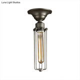 Aged Silver Tubed Cage Semi Flush Light - Retro Vintage 1 Head Balcony Ceiling Fixture