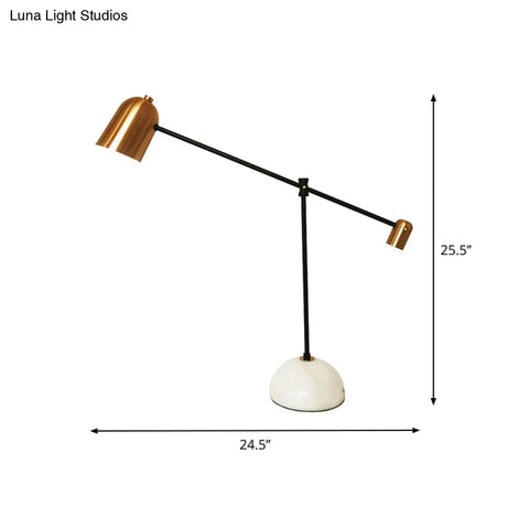 Algedi - Designer White-Brass Study Desk Lamp: Bell Metal Shade Balanced Arm, White