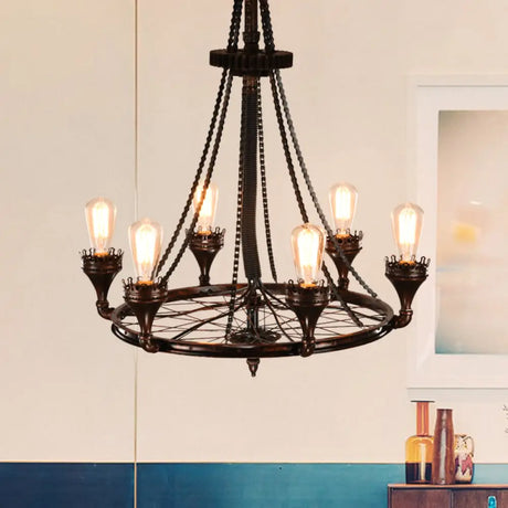 Alniyat - Vintage Rust Wheel Chandelier Pendant Light Industrial Metallic 6-Bulb Restaurant