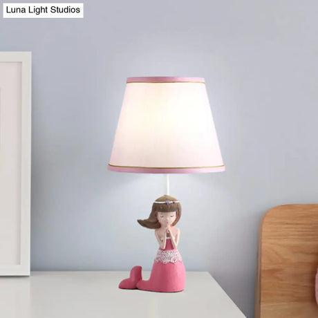 Aludra - Pink Cartoon Single Desk Light With Barrel Shade Fabric Finish Girl Night Table Lamp