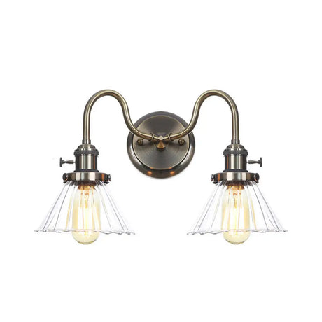 Amber/Clear Glass Wall Light With Undulated Arm In Bronze - Factory 2 Bulbs Living Room Mounted