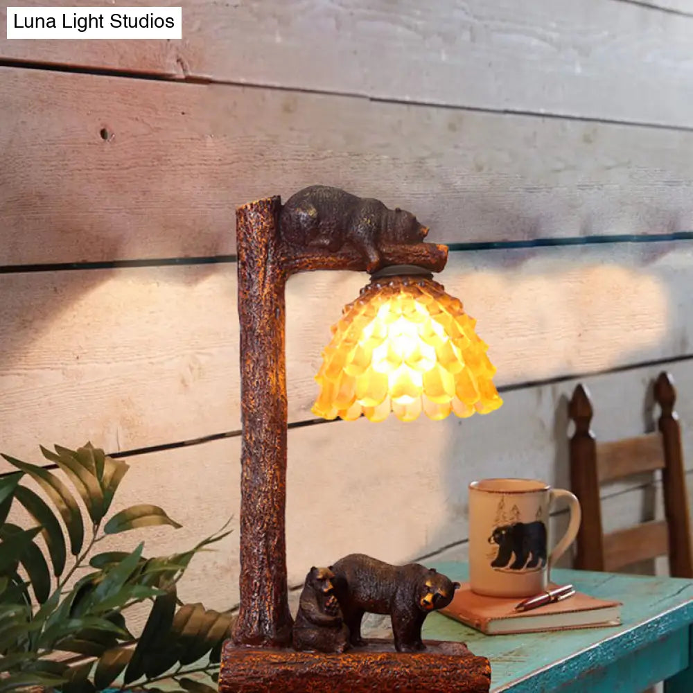 Amber Glass Bear Table Light - Brown Pinecone Bedroom Task Lamp
