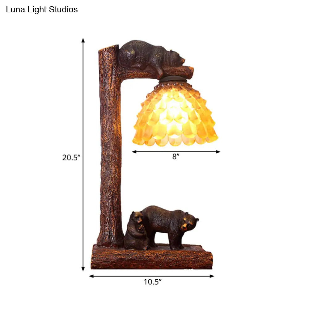 Amber Glass Bear Table Light - Brown Pinecone Bedroom Task Lamp