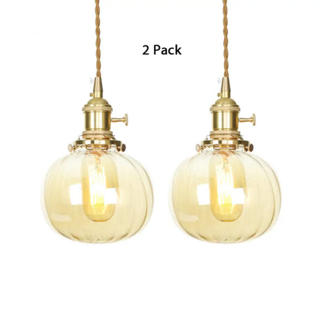Amber Glass Retro Vintage Pendant Lamp - Melon Shape Dining Room Décor / 2