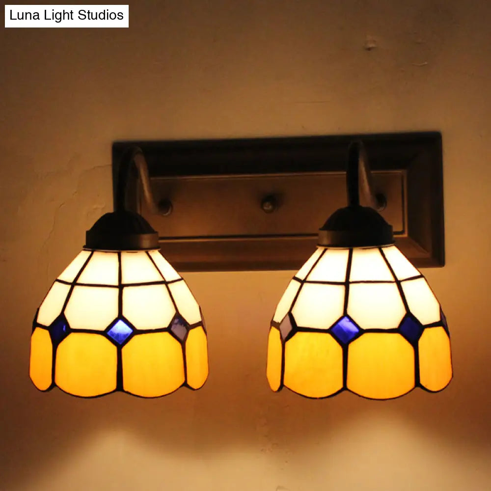 Amber Glass Sconce Light Baroque Wall Fixture - Grid Patterned 2 Heads Black Design