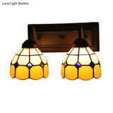 Amber Glass Sconce Light Baroque Wall Fixture - Grid Patterned 2 Heads Black Design