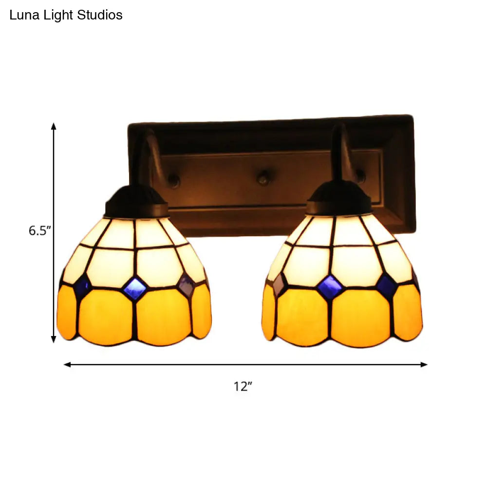 Amber Glass Sconce Light Baroque Wall Fixture - Grid Patterned 2 Heads Black Design