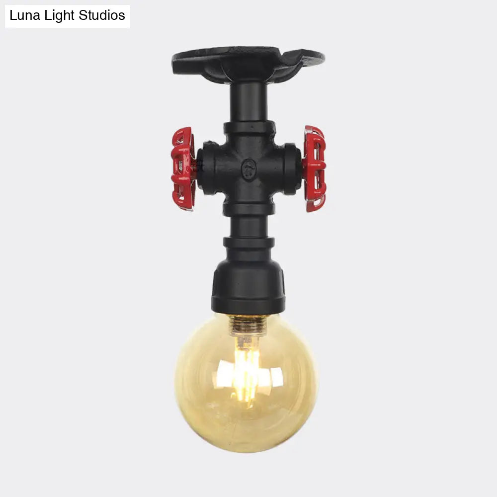 Amber Glass Semi Flush Industrial Ceiling Lamp - Global Black Finish