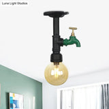 Amber Glass Semi Flush Industrial Ceiling Lamp - Global Black Finish
